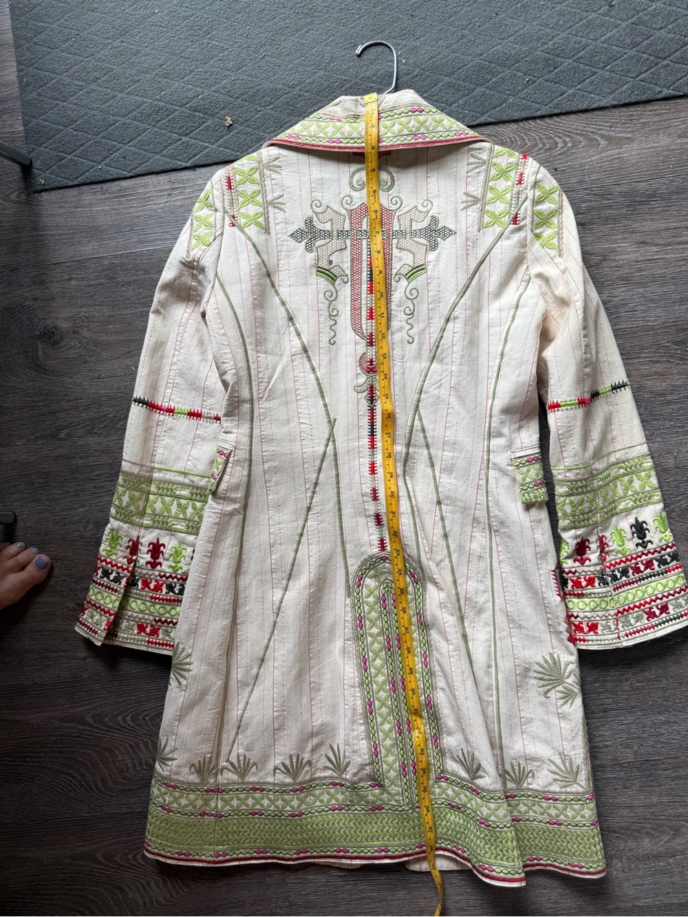 Embroidered Cream Trench Coat with Green & Red Accents